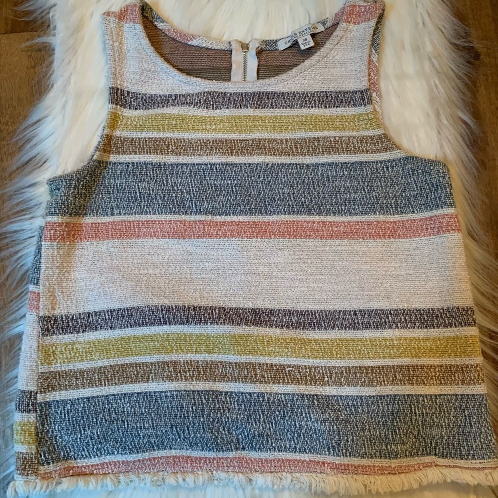 Green Envelope BoHo Fringe Striped Crop Summer Tan Top XS
